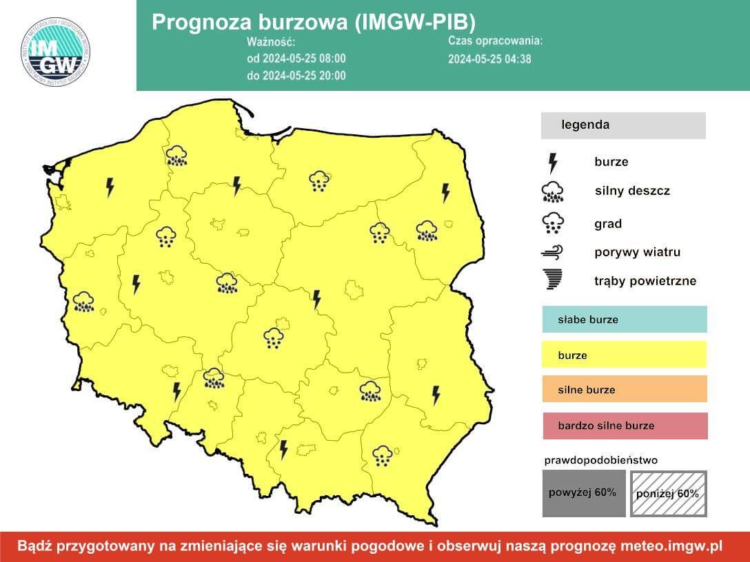 Prognoza burzowa IMGW na sobotę, 25 maja 2024