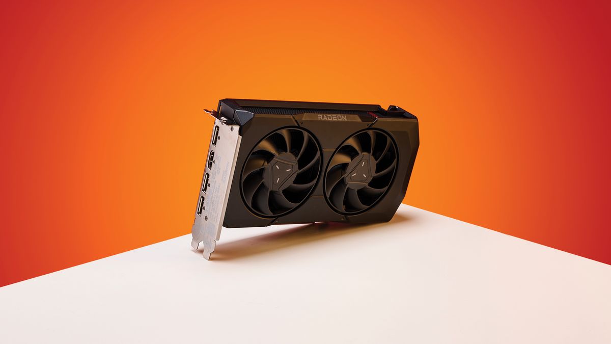 Detail of an AMD Radeon 7600 graphics card for gaming, on orange background. (Photo by Future Publishing via Getty Images)