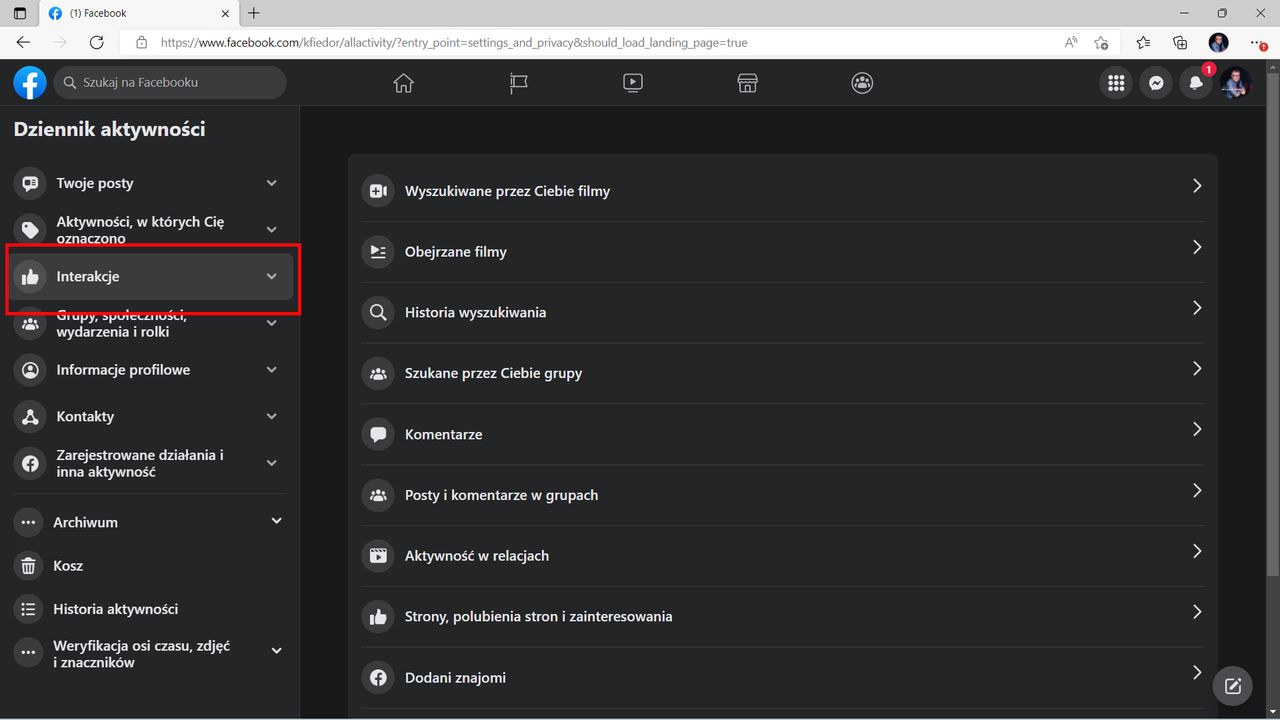 Facebook: w menu po lewej stronie wybieramy Interakcje