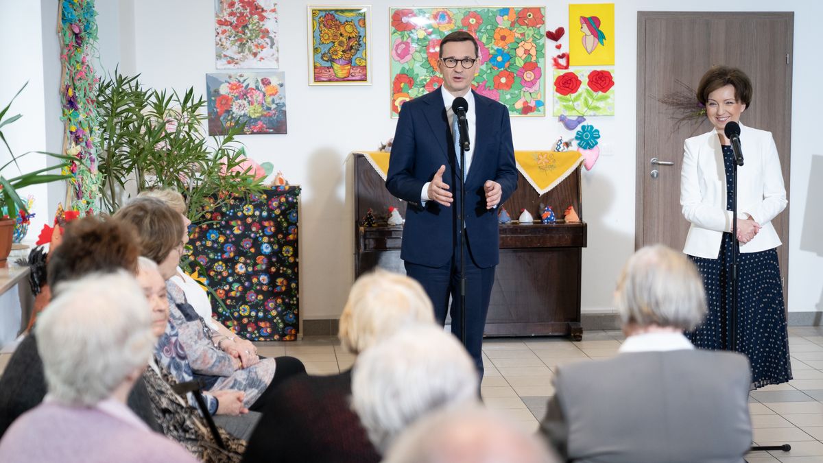 Polish Prime Minister Mateusz Morawiecki and Minister of Family Marlena Malag met with the seniors at Daily Retirement Home in Wola Karczewska, Poland on April 6,  2022 (Photo by Mateusz Wlodarczyk/NurPhoto via Getty Images)