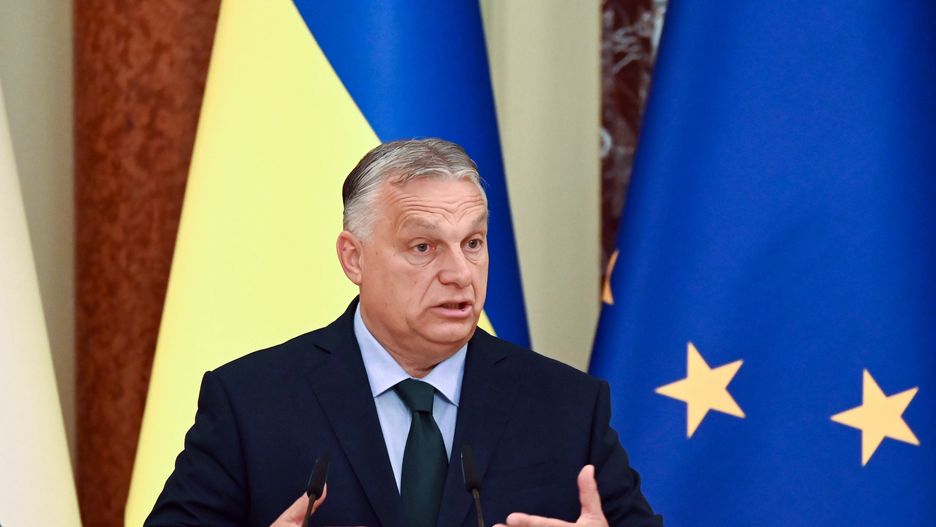 Prime Minister of Hungary Viktor Orban is speaking during a joint media briefing with Ukrainian President Volodymyr Zelensky following their meeting in Kyiv, Ukraine, on July 2, 2024, amid Russia's invasion of Ukraine. At the meeting, Prime Minister of Hungary Viktor Orban and President of Ukraine Volodymyr Zelensky are discussing the future of Europe, security issues, international law, and the Peace Formula, according to local media. This is the first official visit of Hungary's Prime Minister Viktor Orban to Ukraine since the beginning of the Russian invasion in 2022. (Photo by STR/NurPhoto via Getty Images)