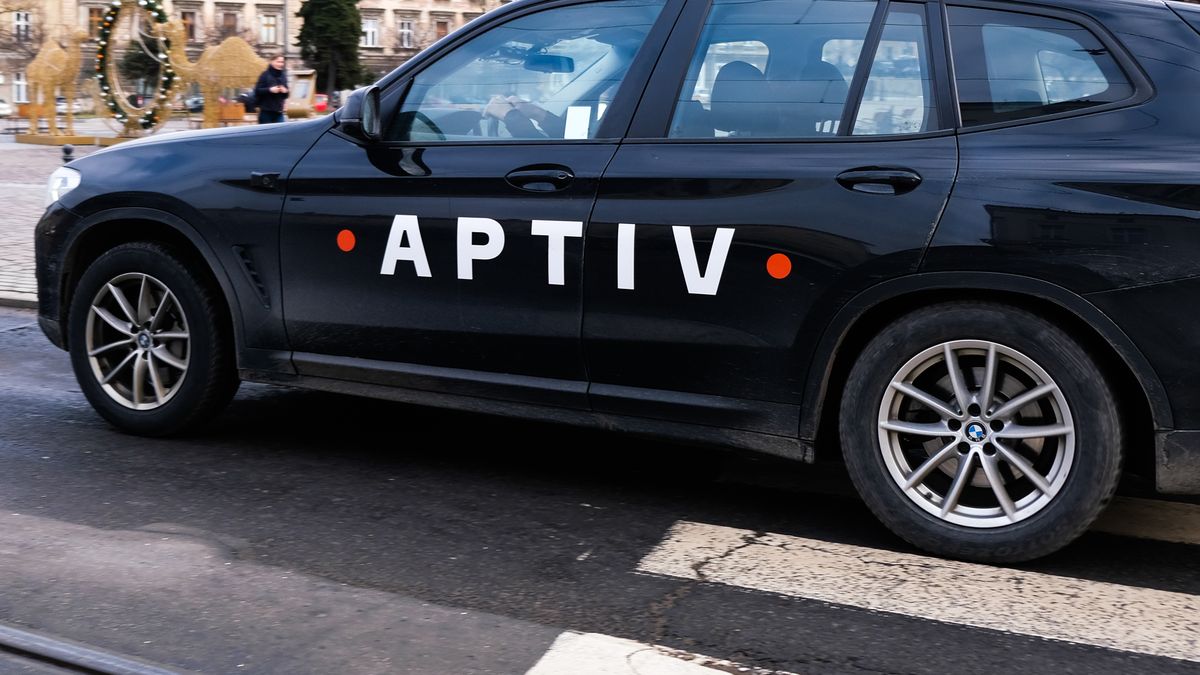 Aptiv logo is seen on a car in Krakow, Poland on February 3, 2022. (Photo by Jakub Porzycki/NurPhoto via Getty Images)