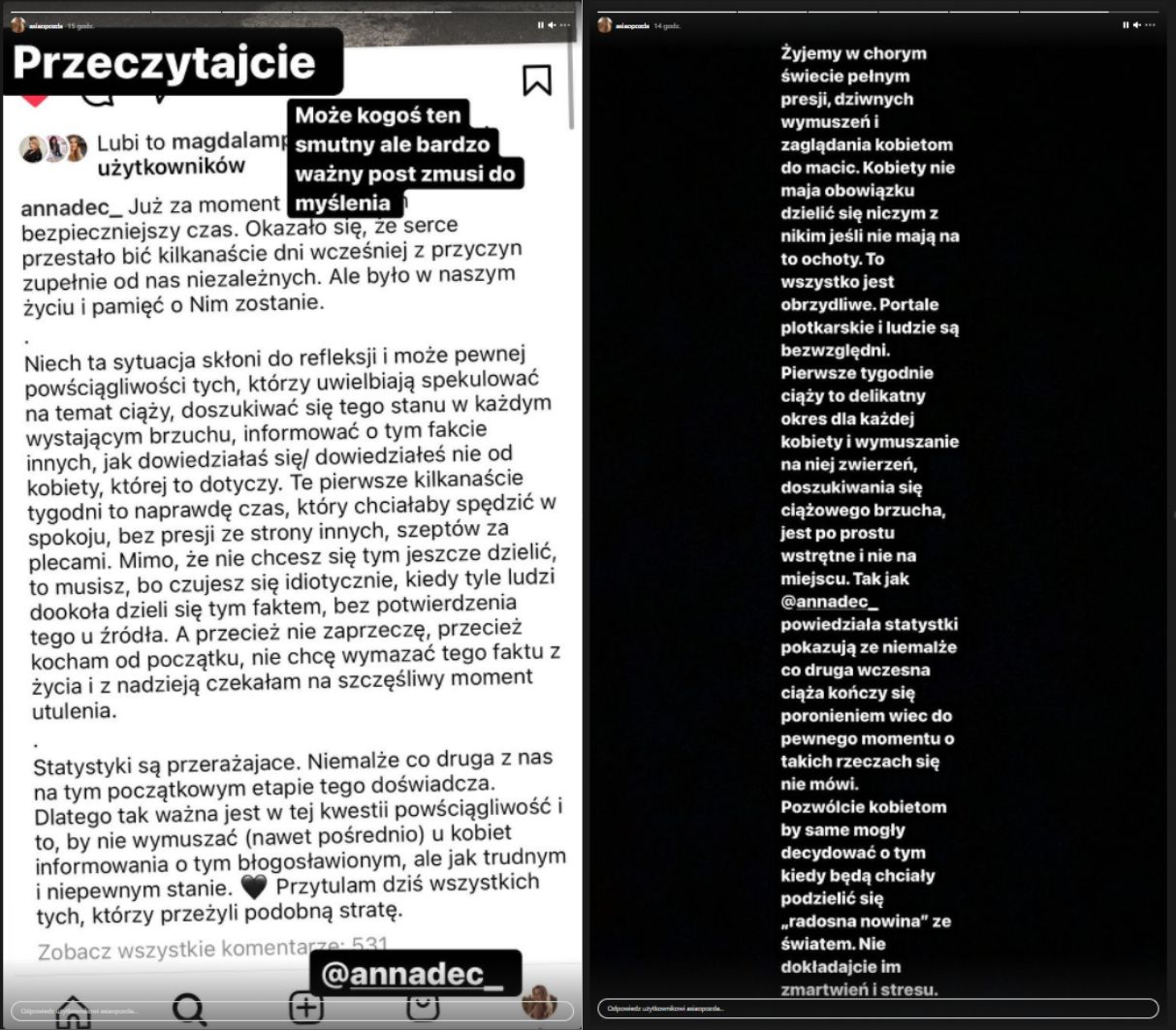 Instastories Joanny Opozdy, która ze współczuciem i zrozumieniem zapoznała się z historią Anny Dec