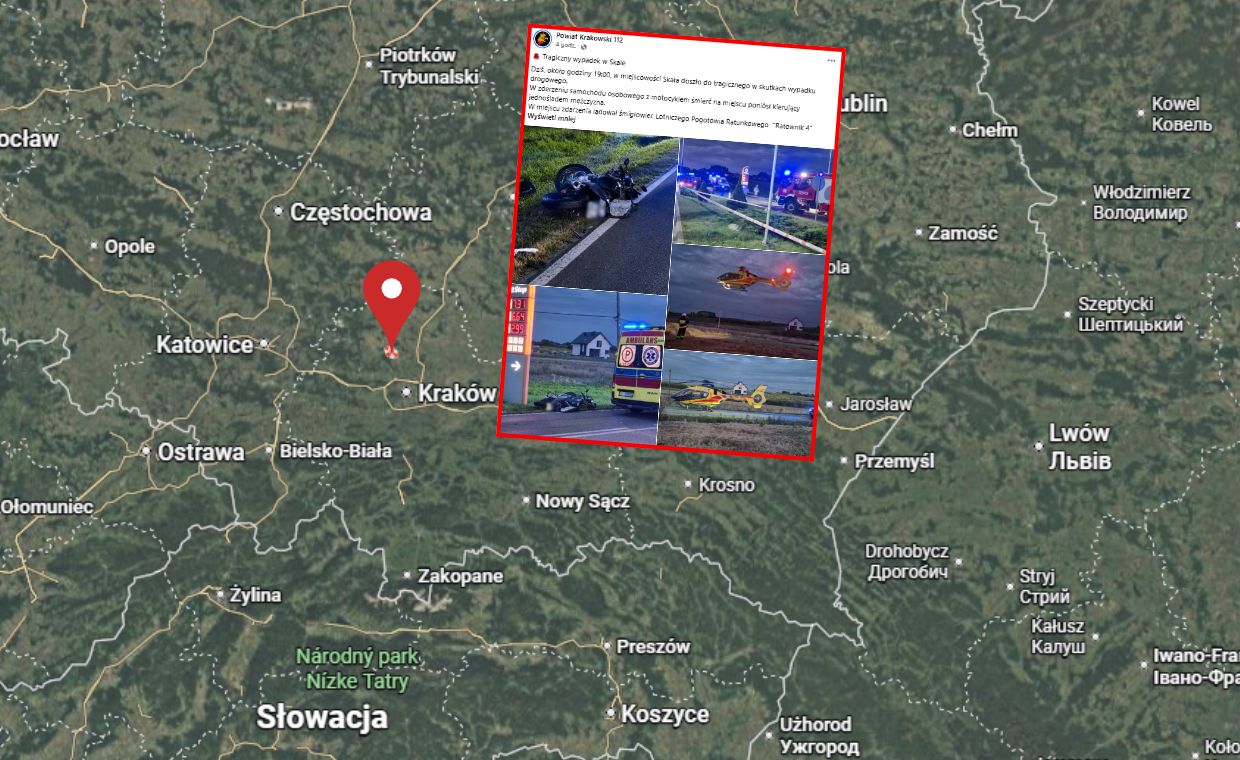 Tragedia na drodze pod Krakowem: Czołowe zderzenie motocyklisty z samochodem w Skałe