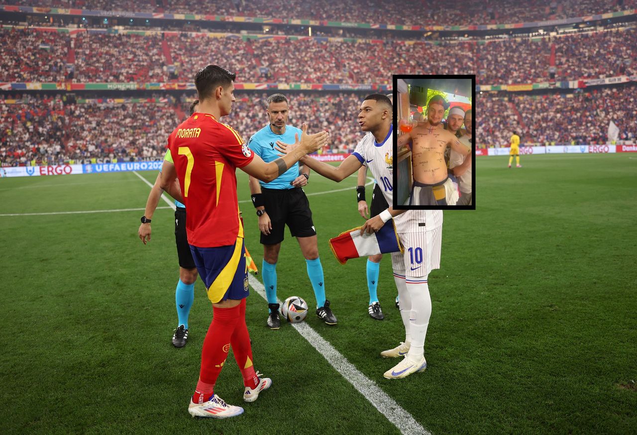 In the photo: footballers before the Spain - France match, fan in parentheses