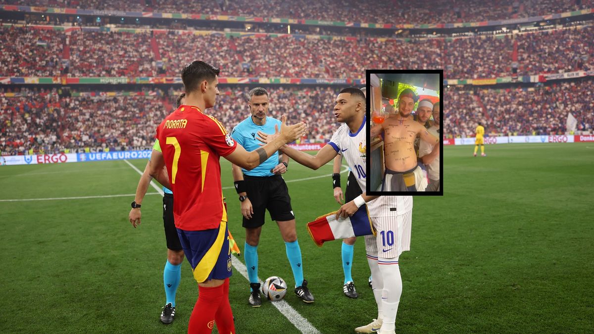 Na zdjęciu: piłkarze przed meczem Hiszpania - Francja, w nawiasie kibic