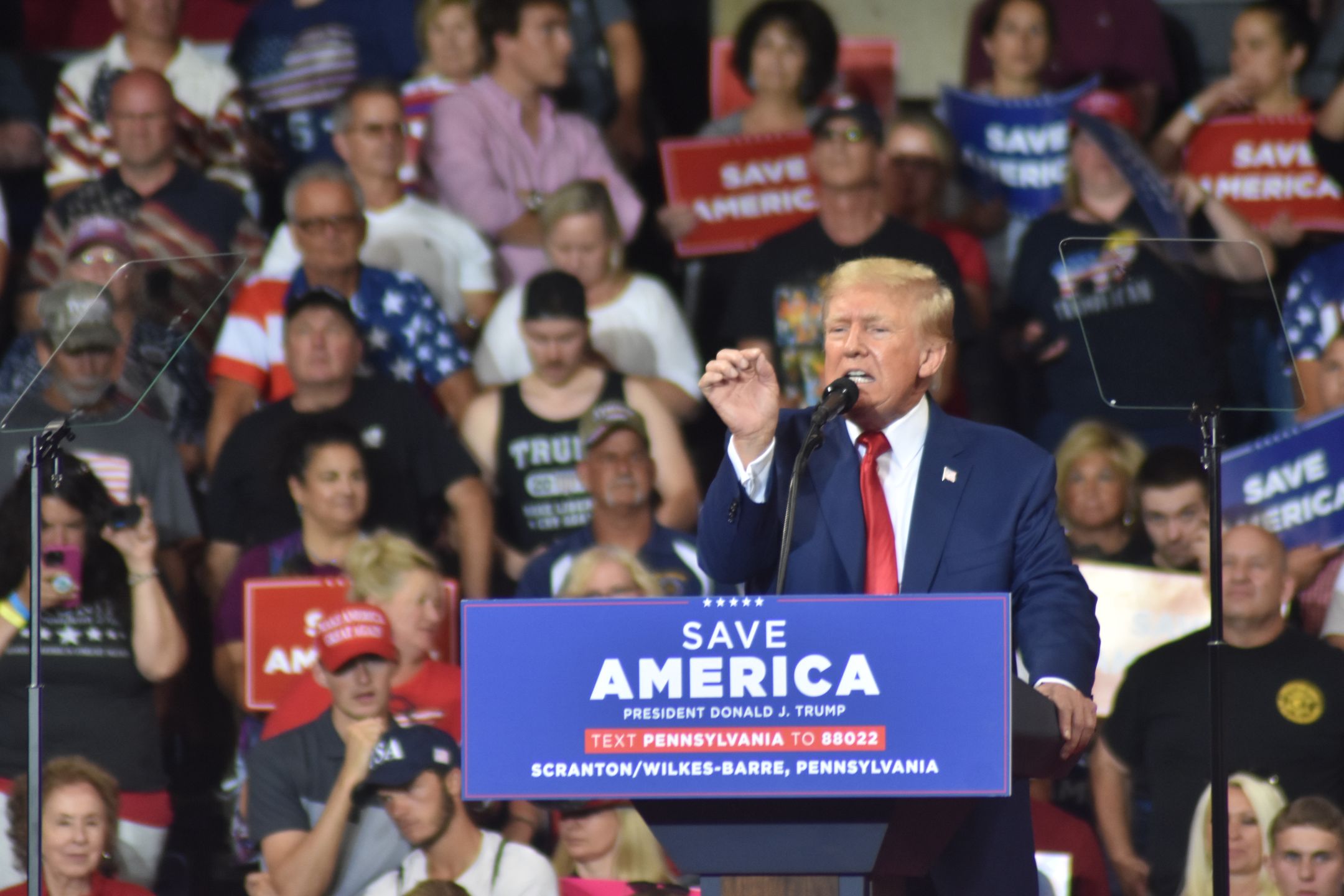 WILKES-BARRE, PENNSYLVANIA, USA - SEPTEMBER 3, 2022: Former President of the United States Donald J. Trump delivers remarks at a Save America rally in Wilkes-Barre, Pennsylvania on September 3, 2022. Former President of the United States Donald J. Trump commented on the FBI raid at Mar-a-Lago in Palm Beach, Florida to the crowd. (Photo by Kyle Mazza/Anadolu Agency via Getty Images)