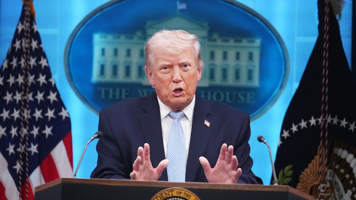 UNITED STATES - APRIL 6: President Donald Trump conducts a news conference in the White House briefing room about the war in Iran on Monday, April 6, 2026. (Tom Williams/CQ-Roll Call, Inc via Getty Images)