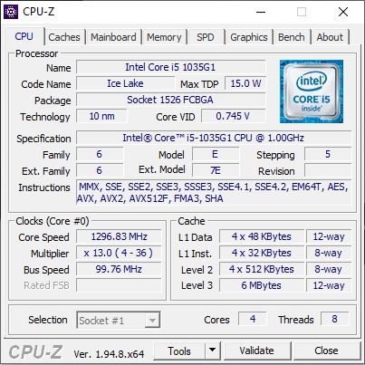 Microsoft Surface Laptop Go CPU-Z