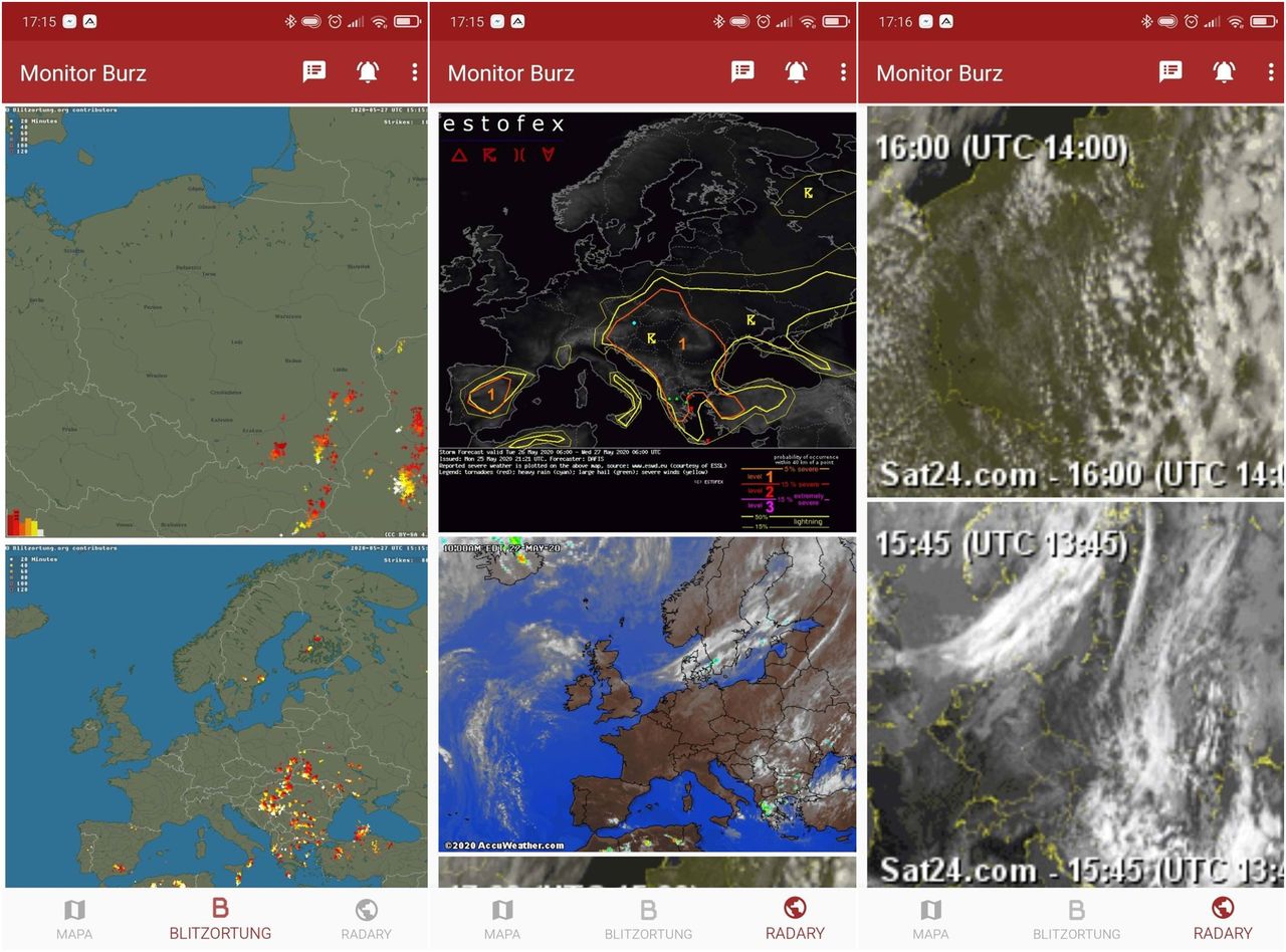 Po lewej - mapka wyładowań blitzortung, pośrodku - prognoza prawdopodobieństwa wystąpienia burz, po prawej - satelitarna mapa chmur