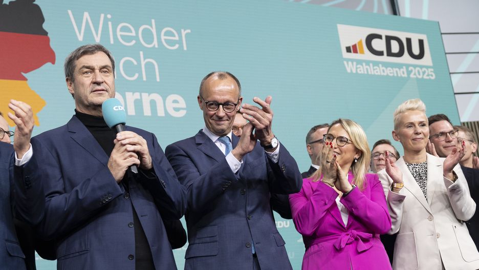 BERLIN, GERMANY - FEBRUARY 23: Friedrich Merz, chancellor candidate of Germany’s Christian Democrats (CDU/CSU), speaks to supporters at CDU headquarters following the announcement of initial results in snap federal parliamentary elections on February 23, 2025 in Berlin, Germany. Germany held elections today following the collapse of the three-party government coalition last November. (Photo by Maja Hitij/Getty Images)