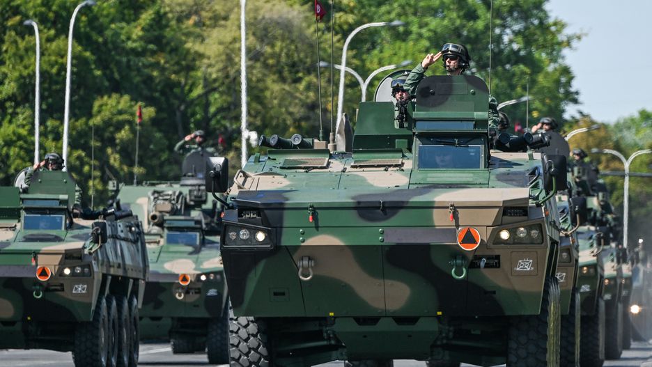 WARSAW, POLAND  AUGUST 15:
A line of KTO Rosomak armored personnel carriers seen during the Armed Forces Day parade, commemorating Poland's 1920 victory over the Soviet Red Army and marking the 105th anniversary of the Battle of Warsaw, in Warsaw, Poland, on August 15, 2025.
The event featured more than 4,000 Polish troops, about 200 soldiers from allied NATO nations, around 300 military vehicles, and nearly 50 aircraft, making it the largest parade in the country's history. (Photo by Artur Widak/NurPhoto via Getty Images)