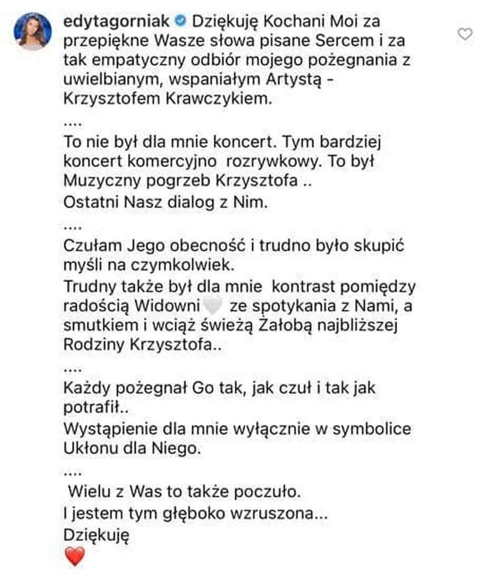 Edyta Górniak tłumaczy się z "wyjca" dla Krzysztofa Krawczyka