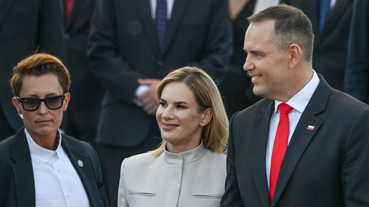 WARSAW, POLAND  AUGUST 15:
Polish President Karol Nawrocki and First Lady Marta Nawrocka seen at the conclusion of the Armed Forces Day 2025 parade, commemorating Poland's 1920 victory over the Soviet Red Army and marking the 105th anniversary of the Battle of Warsaw, in Warsaw, Poland, on August 15, 2025.
The event featured more than 4,000 Polish troops, about 200 soldiers from allied NATO nations, around 300 military vehicles, and nearly 50 aircraft, making it the largest parade in the country's history. (Photo by Artur Widak/NurPhoto via Getty Images)