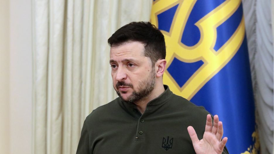 President of Ukraine Volodymyr Zelenskyy attends a joint briefing with President of the European Investment Bank Nadia Calvino in Kyiv, Ukraine, on February 10, 2025. (Photo by Volodymyr Tarasov/Ukrinform) (Photo by Ukrinform/NurPhoto via Getty Images)