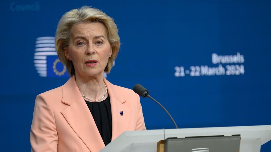 European Commission President Ursula von der Leyen is holding a press conference after the EU leaders discuss continued support for Ukraine in the face of Russia's war of aggression, security and defense, the unfolding situation in the Middle East, enlargement, external relations, migration, and agriculture in Brussels, Belgium, on March 21, 2024. (Photo by Jonathan Raa/NurPhoto via Getty Images)