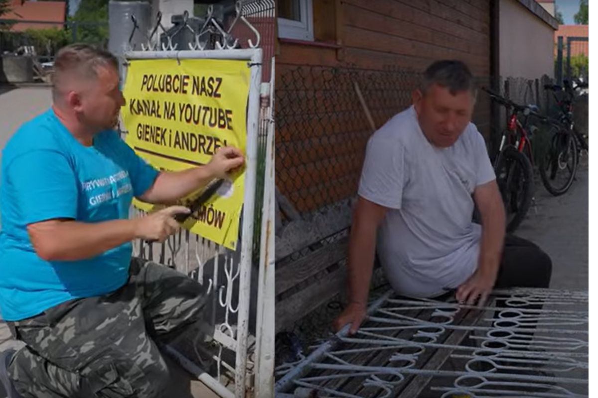 Andrzej z Plutycz z bratem naprawiają bramkę przed domem