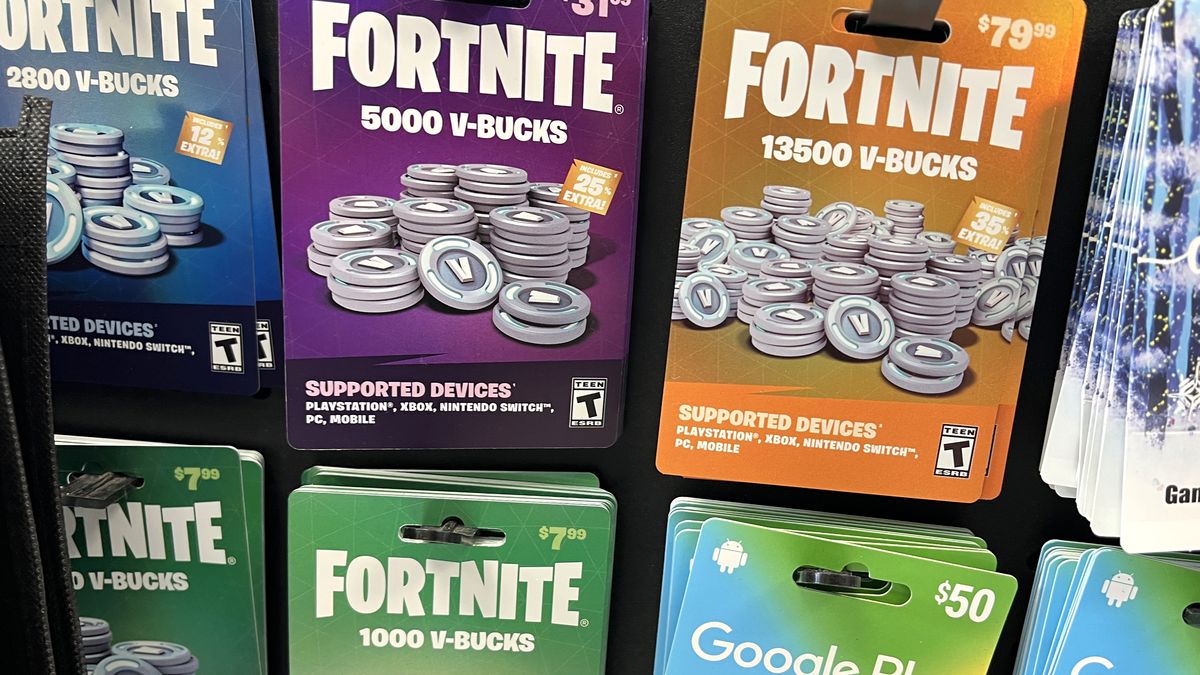 CHICAGO, ILLINOIS - DECEMBER 19: Fortnite V-Bucks are offered for sale at a video game retailer on December 19, 2022 in Chicago, Illinois. Epic Games, the maker of Fortnite, has been ordered by the Federal Trade Commission to pay $520 million to settle allegations that it collected personal data from children without the the consent of a parent or guardian. (Photo by Scott Olson/Getty Images)