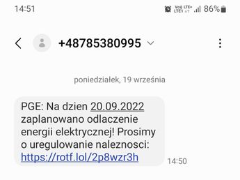 Fałszywy SMS o wyłączeniu energii elektrycznej