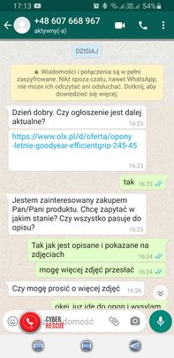 Przykład oszustwa "na OLX" z wykorzystaniem WhatsAppa 