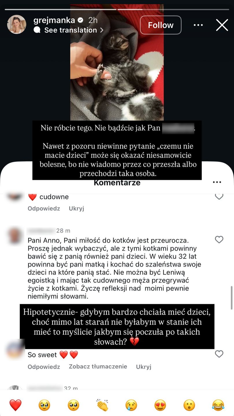 Anna Kurek odpowiada na komentarz na temat dzieci