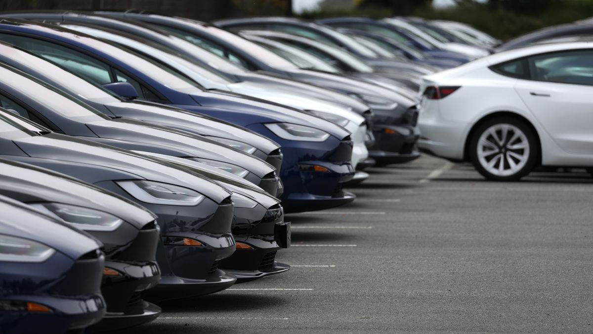 COLMA, CALIFORNIA - MAY 16: Brand new Tesla cars are displayed on the sales lot at a Tesla dealership on May 16, 2023 in Colma, California. According to a report by the U.S. Commerce Department, consumer spending was up in April with help from a strong jobs market and easing inflation. Restaurants and bars saw a 0.6 percent increase in sales and retail sales were up 0.4 percent. (Photo by Justin Sullivan/Getty Images)