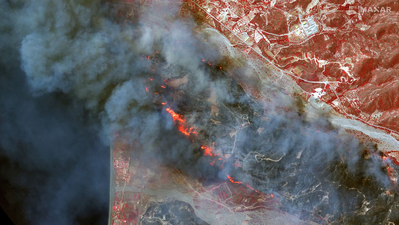 RHODES WIDFIRE, GREECE -- JULY 24, 2023:  07 Maxar IR infrared satellite imagery of active wildfires on Rhodes, near Genadi, in Greece.  Please use: Satellite image (c) 2024 Maxar Technologies.