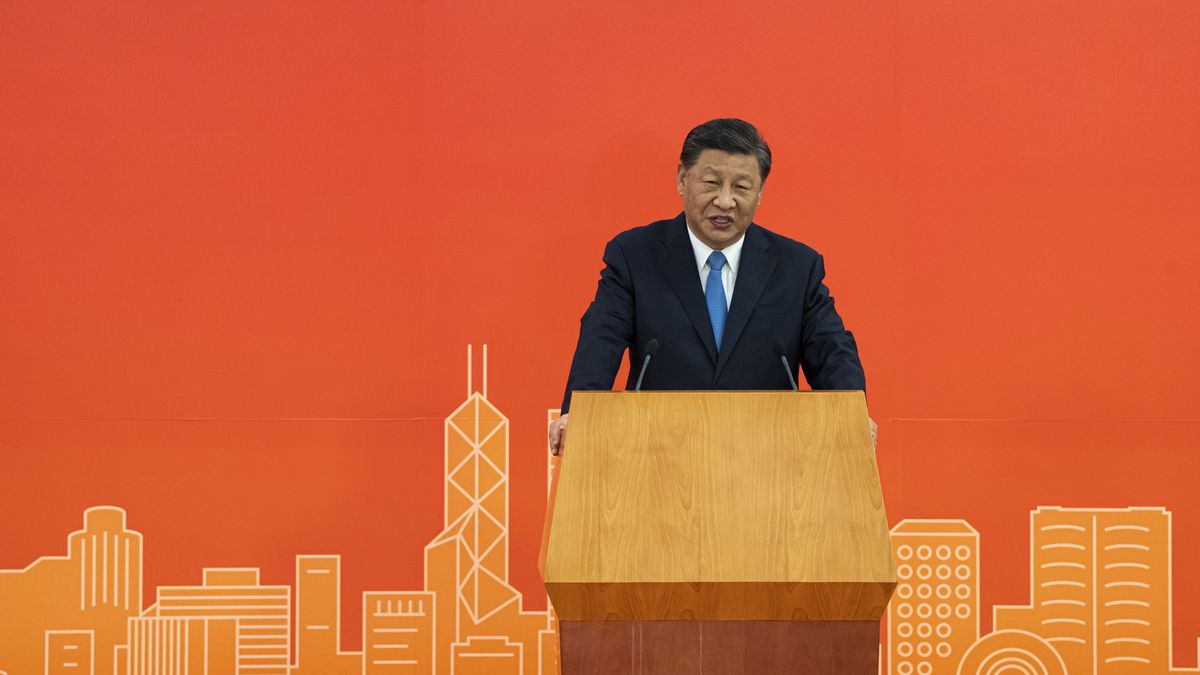 Chinese President Xi Jinping Arrives in Hong Kong for the 25th Anniversary the City's Handover to ChinaXi Jinping, China's president, speaks at the West Kowloon Station in Hong Kong, China, on Thursday, June 30, 2022. Xi arrived in Hong Kong for its 25th anniversary of Chinese rule, in his first trip to the city since overseeing twin crackdowns on political dissent and Covid-19 that risked the former British colonys future as an international center of commerce. Photographer: Justin Chin/Bloomberg via Getty ImagesBloombergchinese, hk25, handover, east asian, china