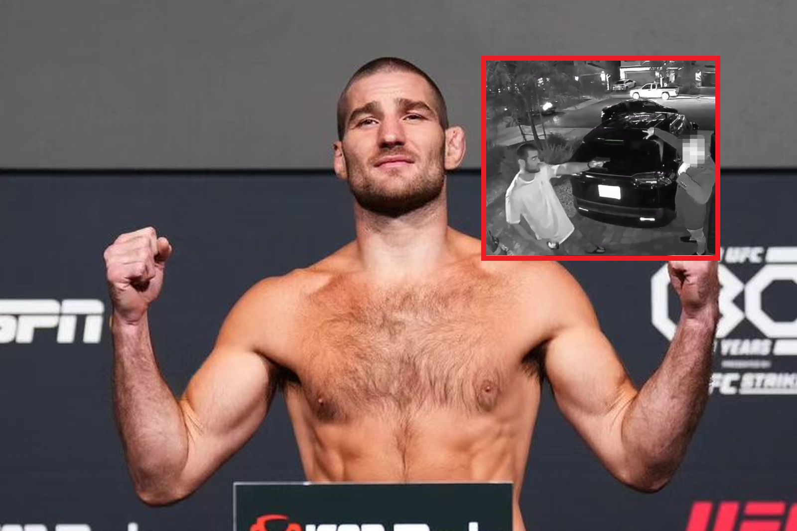 Na zdjęciu Sean Strickland. W "ramce" jego konfrontacja z intruzem