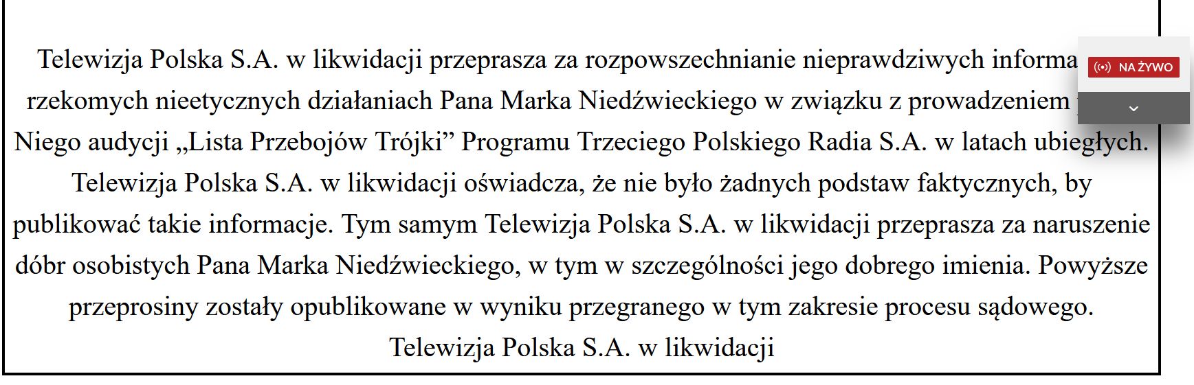 TVP przeprasza Marka Niedźwieckiego