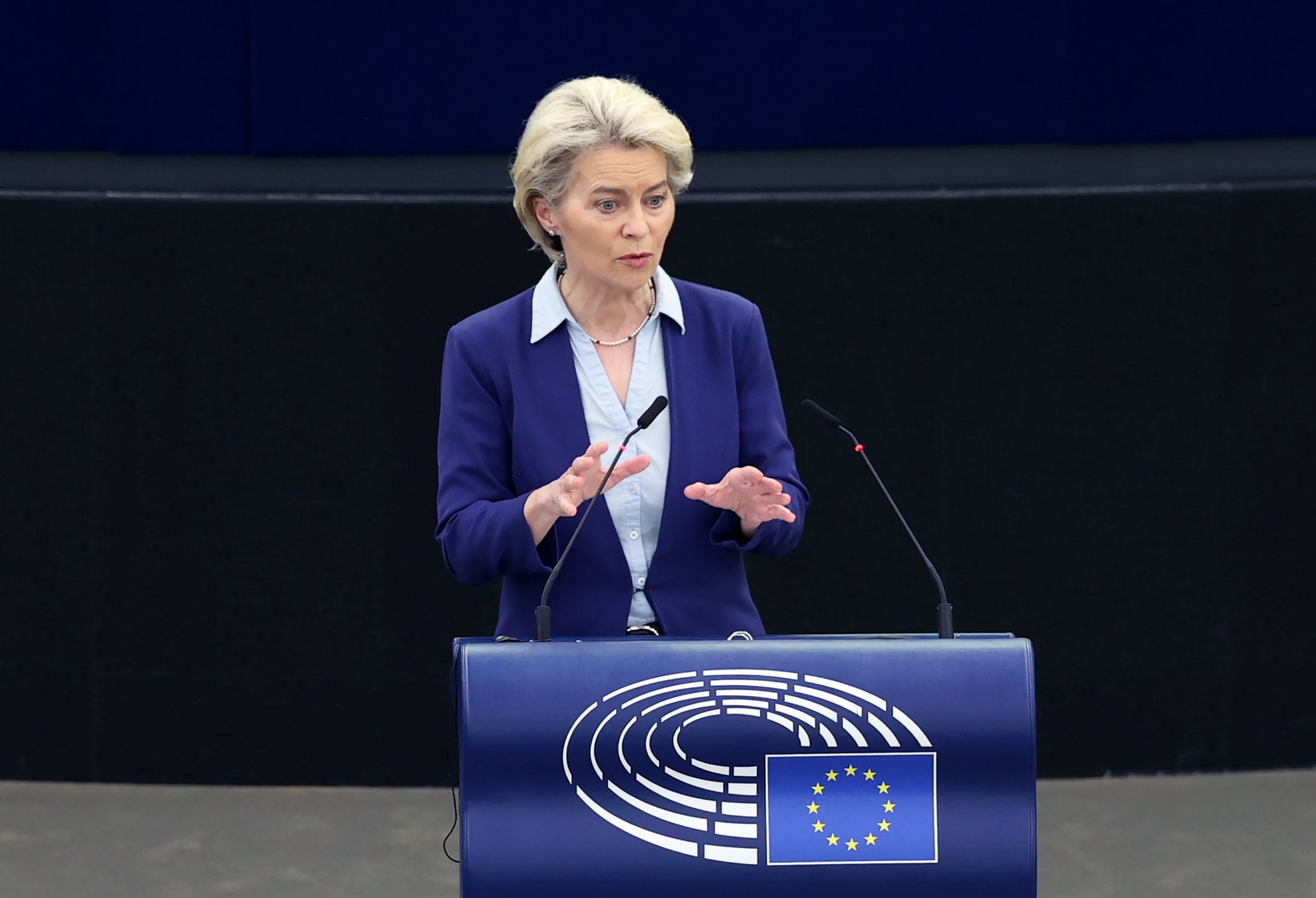 STRASBOURG, FRANCE - JUNE 07: European Commission President Ursula von der Leyen makes a speech on 'The rule of law and the potential approval of the Polish national Recovery Plan (RRF)', at the European Parliament Session in Strasbourg, France on June 07, 2022. (Photo by Dursun Aydemir/Anadolu Agency via Getty Images)
