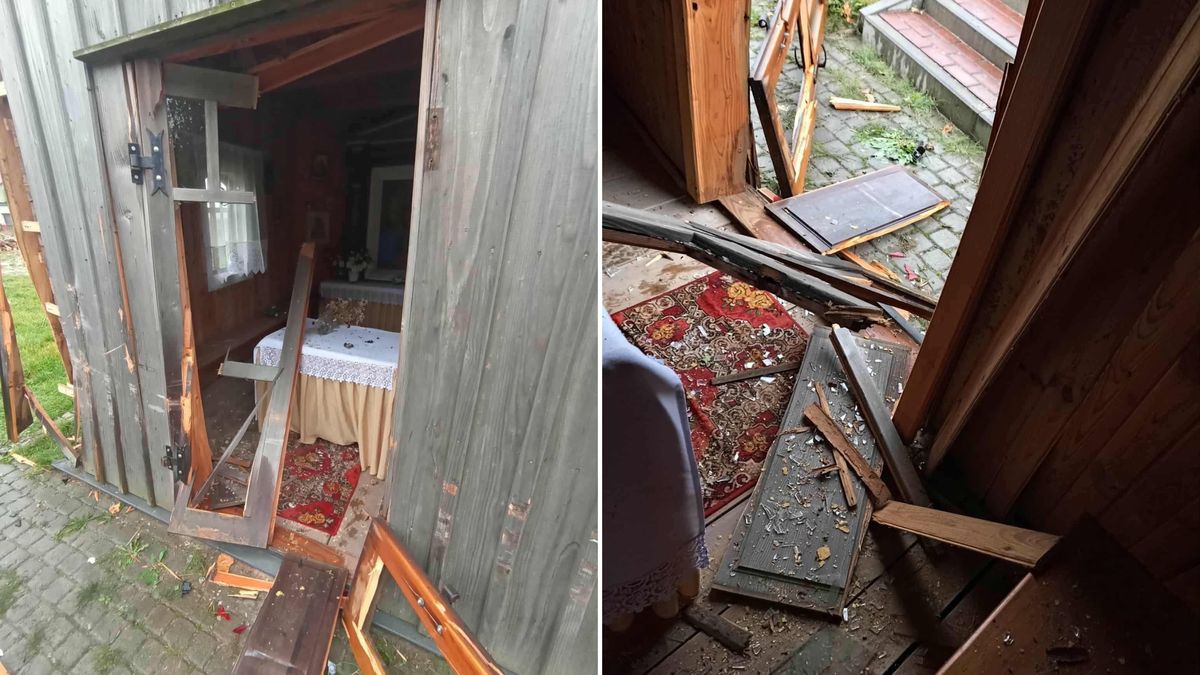 Zniszczona kapliczka w Górach Świętokrzyskich.