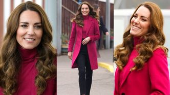 Kate Middleton rozdaje uśmiechy w malinowym płaszczu za 1500 złotych (ZDJĘCIA)