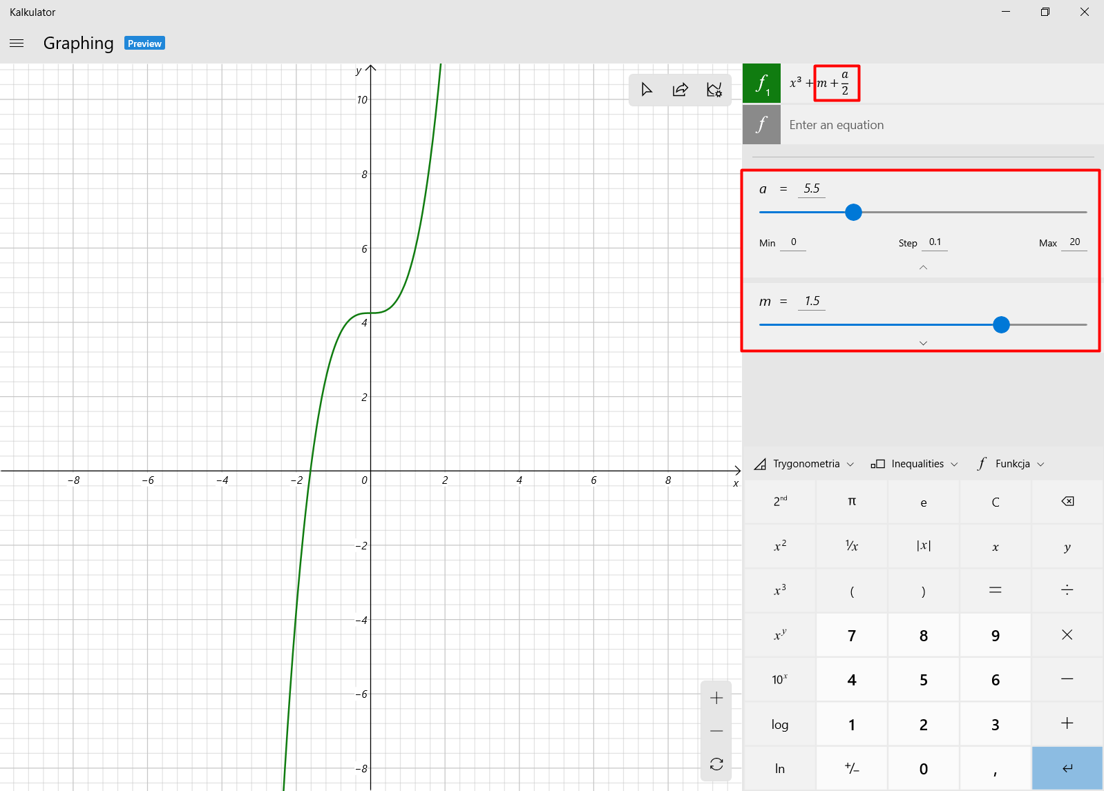 Samodzielnie dodane parametry w równaniach można wygodnie edytować suwakiem.