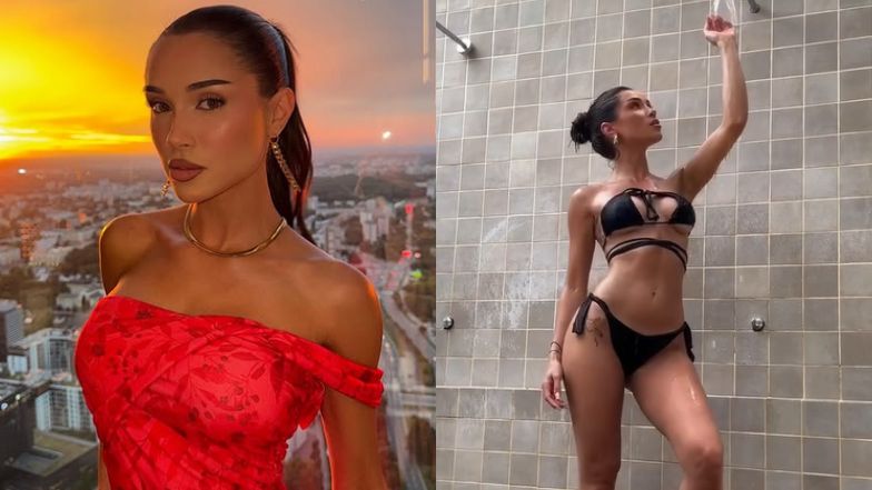 Odziana w skąpe bikini Natsu bierze prysznic pod gołym niebem