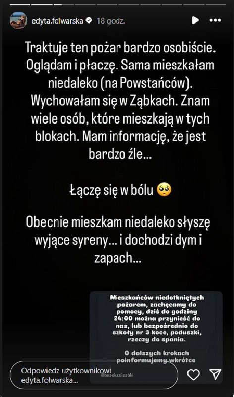 Edyta Folwarska zaapelowała w sprawie pożaru 