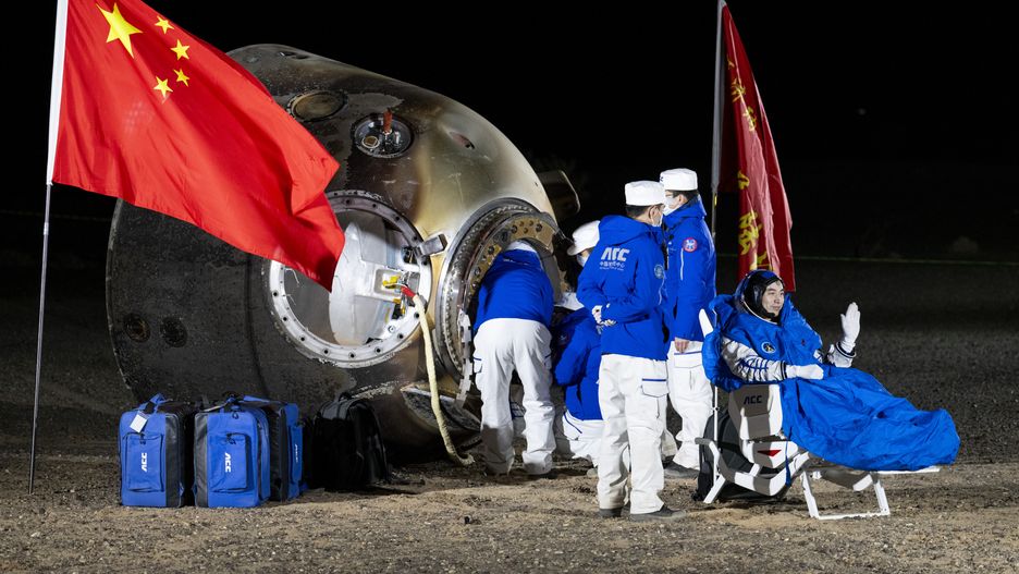 INNER MONGOLIA, CHINA - NOVEMBER 04: Astronaut Ye Guangfu is out of the return capsule of the Shenzhou-18 manned spaceship at the Dongfeng landing site on November 4, 2024 in Inner Mongolia Autonomous Region of China. The Shenzhou-18 crew consisting of three Chinese astronauts returned safely to Earth after more than six months aboard the Tiangong space station early morning on Monday. (Photo by Wang Xiaobo/VCG via Getty Images)