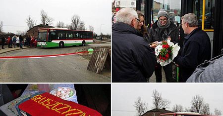 Mieszkańcy Głuszczyzny przywitali kierowcę autobusu linii nr 17 kwiatami i tortem
