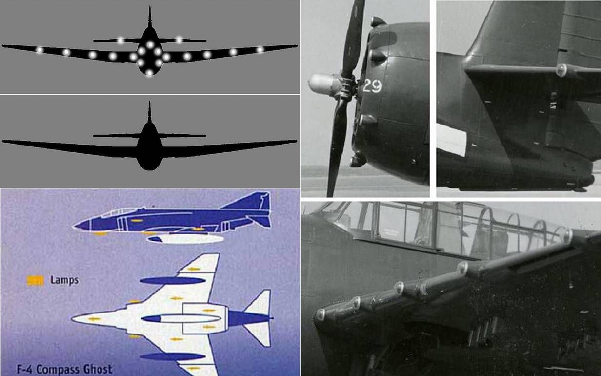 Światła maskujące. Schemat i zdjęcia, przedstawiające ich rozmieszczenie na samolocie Grumman TBV Avenger oraz schemat świateł dla samolotu F-4