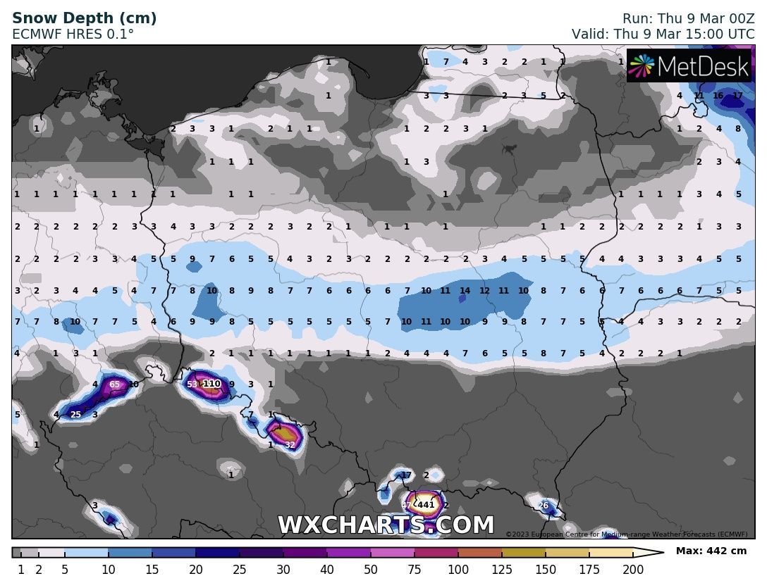 Przyrost pokrywy śnieżnej w Polsce 9 marca, godzina 16:00