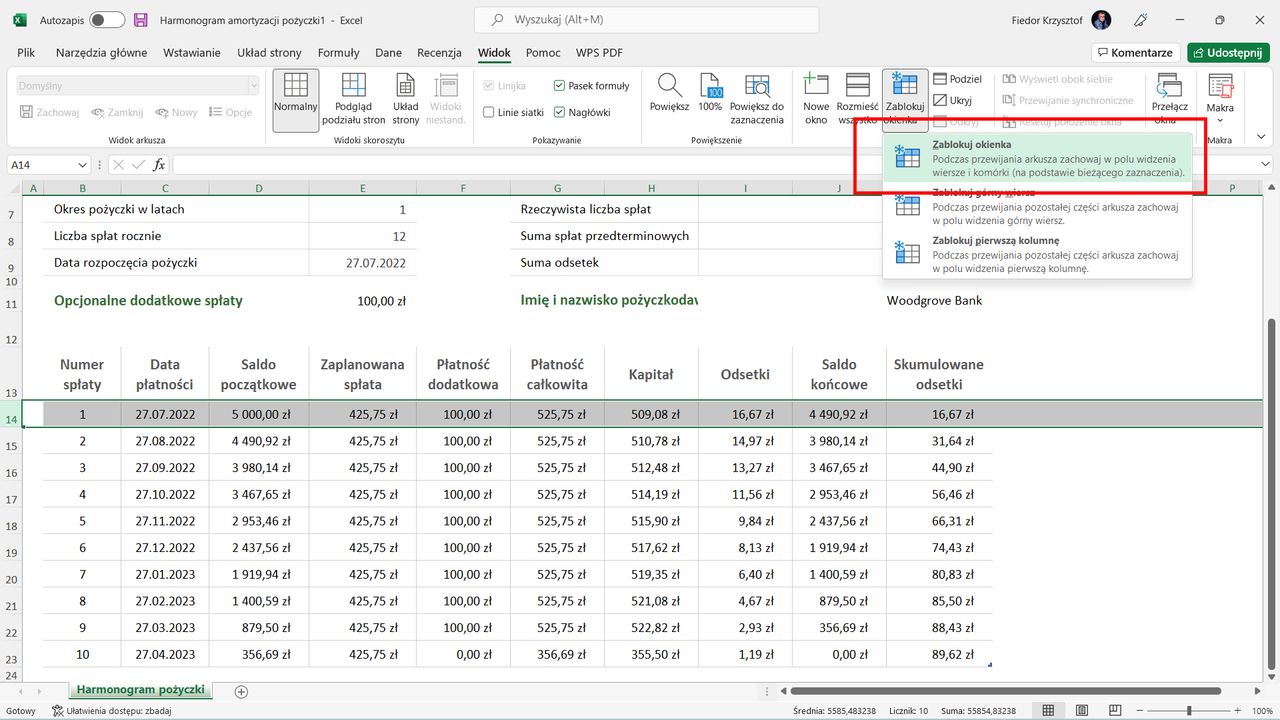Microsoft Excel: Zablokuj okienka