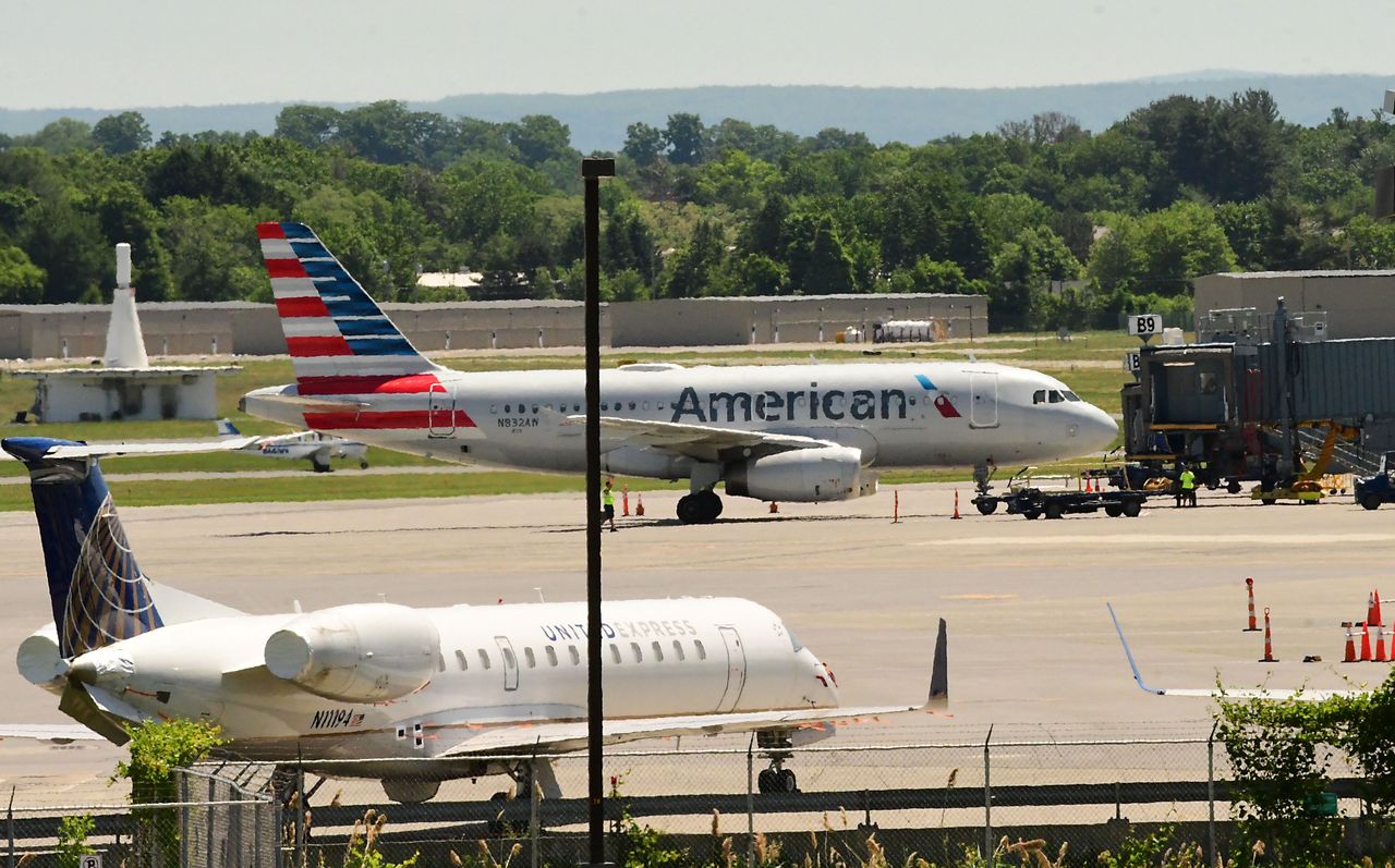 An American Airlines plane is seen taxiing to a gate at the Albany International Airport on Monday, June 8, 2020 in Colonie, N.Y. (Photo by Lori Van Buren/Albany Times Union via Getty Images)