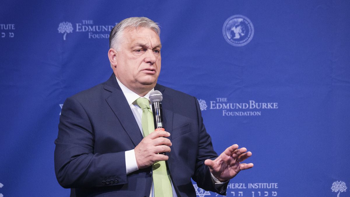 BRUSSELS, BELGIUM - APRIL 17: Hungarian Prime Minister Viktor Mihaly Orban talks to assembly during a discussion on Day 2 of The National Conservatism Conference at the Claridge on April 17, 2024 in Brussels, Belgium. (Photo by Thierry Monasse/Getty Images)