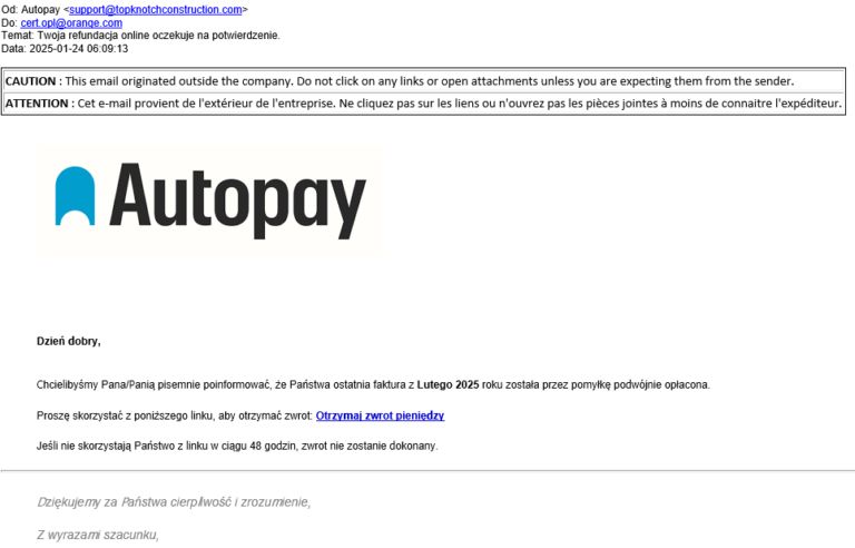 Fałszywa wiadomość "od Autopay"