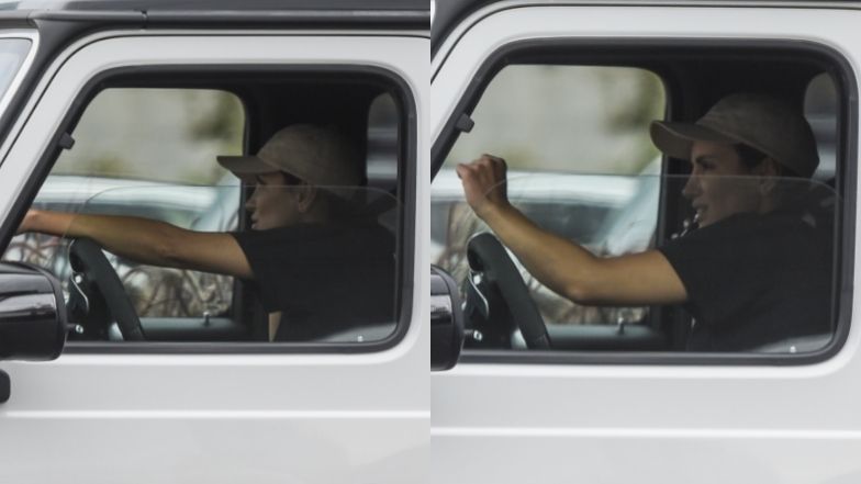 Sara Boruc gawędzi przez telefon za kierownicą mercedesa