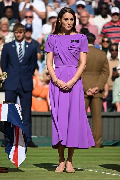 2024 Wimbledon ChampionshipsLONDON, UNITED KINGDOM - JULY 14: Catherine Princess of Wales on court to present the trophy to the winner of the men's final on day fourteen of the Wimbledon Tennis Championships at the All England Lawn Tennis and Croquet Club on July 14, 2024 in London, United Kingdom. (Photo by Stringer/Anadolu via Getty Images)Anadolusports, london, united kingdom