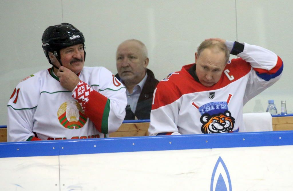 Russian President Vladimir Putin and Belarussian President Alexander Lukashenko play Ice Hockey in SochiSOCHI, RUSSIA - FEBRUARY,7 (RUSSIA OUT) Russian President Vladimir Putin (R) and Belarussian President Alexander Lukashenko (L) attend an ice hockey match at Galaktika enternaoment center in Sochi, Russia, February,7,2020. Lukashenko and Putin is having a day of talks at mountain resort of Laura in Sochi. (Photo by Mikhail Svetlov/Getty Images)Mikhail Svetlov