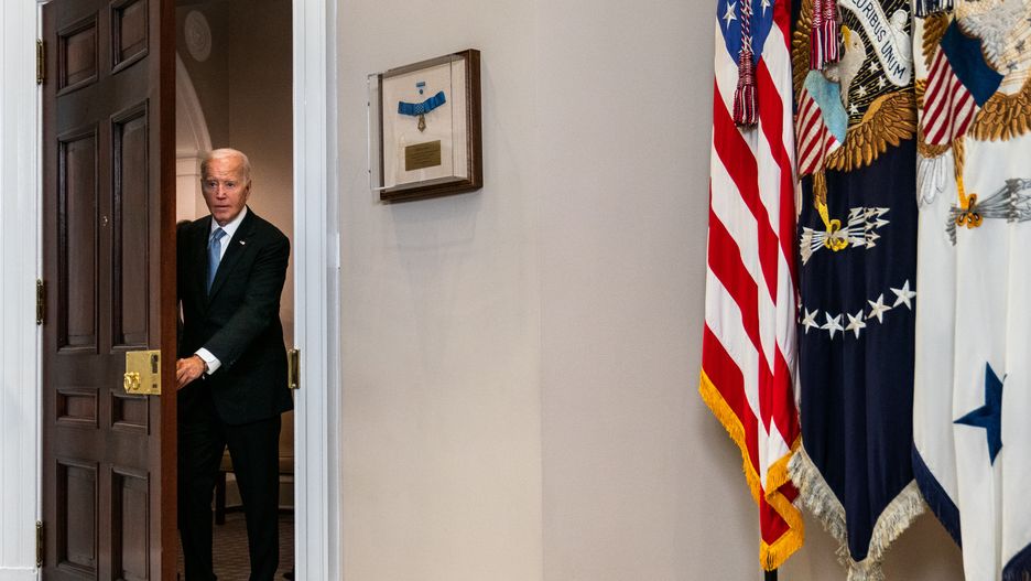 WASHINGTON, DC  July 14, 2024:

US President Joe Biden enters to delivers remarks  in the Roosevelt Room of the White House on Sunday July 14, 2024. His remarks were regarding the attempted assassination of former President Donald Trump at a campaign rally in Pennsylvania. Vice President Kamala Harris, Attorney General Merrick Garland and Homeland Security Secretary Alejandro Mayorkas were in attendance. 

(Photo by Demetrius Freeman/The Washington Post via Getty Images)