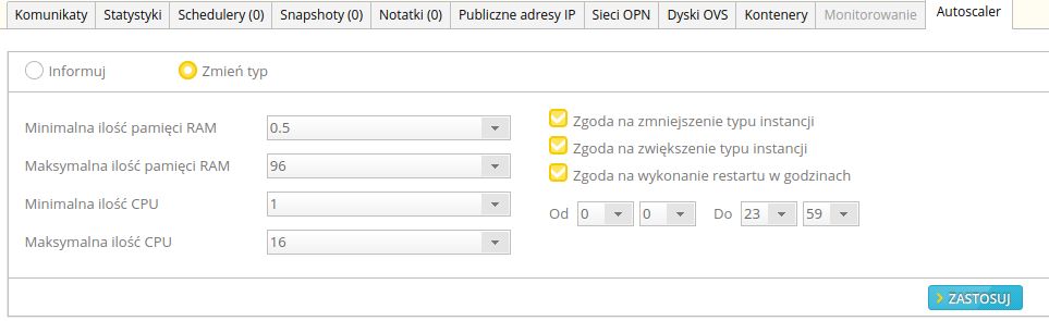 Rys.1 Konfiguracja Autoskalera wertykalnego na instancji. Informuj/Zmień typ - tryb pracy Autoskalera. Tylko powiadamianie lub automatyczna zmiana zasobów instancji. Maksymalna/Minimalna ilość pamięci RAM - zakres, w jakim Autoskaler może zmieniać ilość dostępnej pamięci RAM dla instancji. Maksymalna/Minimalna ilość CPU - zakres, w jakim Autoskaler może zmieniać ilość dostępnego CPU dla instancji. Zgoda na zmniejszenie/zwiększenie typu instancji - wydanie zgody na automatyczną zmianę parametrów instancji w danym kierunku. Zgoda na wykonanie restartu w godzinach - deklaracja wskazująca godziny, w których instancja może zostać restartowana, jeżeli zajdzie taka potrzeba.