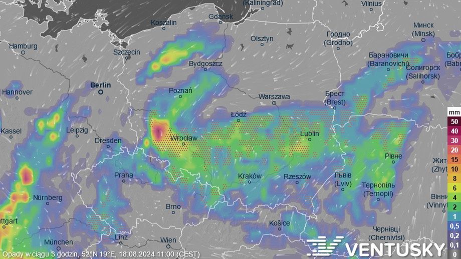 Prognoza opadów w niedzielę 18 sierpnia